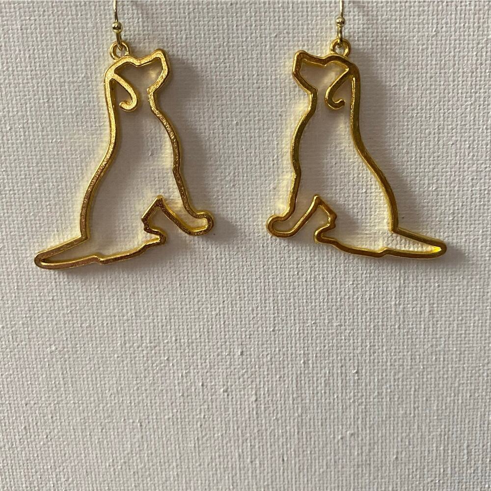 Gold Tone Sitting Dog Earrings Open Outline Dangle Minimalist Whimsical